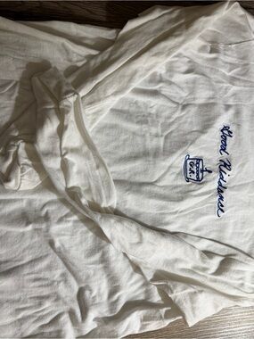 White Tee with Blue 'Good Vibes' Embroidered Script